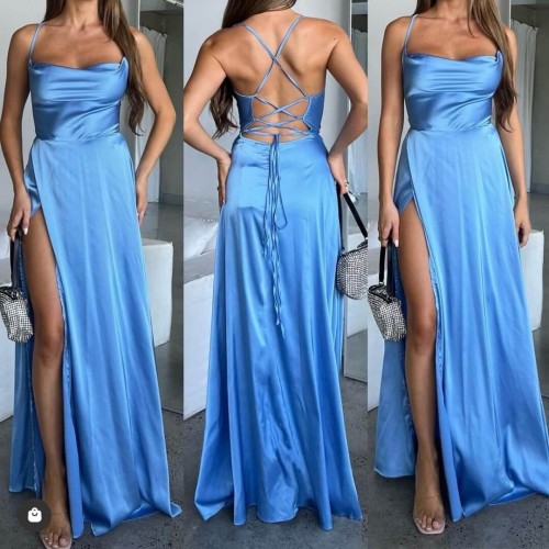 Φόρεμα satin maxi εξώπλατο γαλάζιο