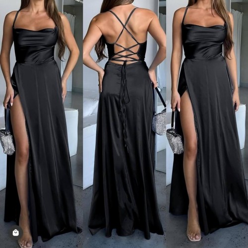 Φόρεμα satin maxi εξώπλατο μαύρο
