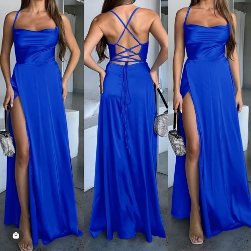 Φόρεμα satin maxi εξώπλατο μπλε
