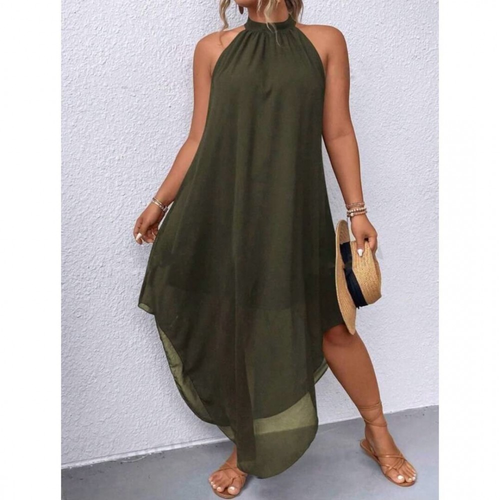 Φόρεμα oversized με λαιμό ασύμμετρο λαδί