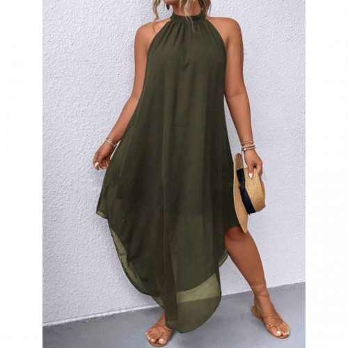 Φόρεμα oversized με λαιμό ασύμμετρο λαδί