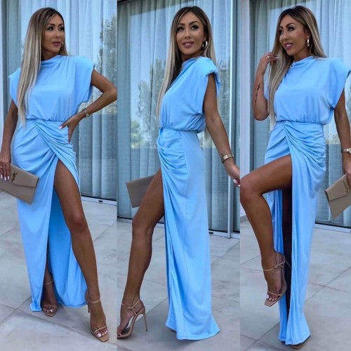 Φόρεμα basic maxi με σκίσιμο γαλάζιο
