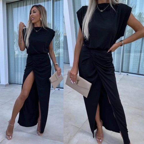 Φόρεμα basic maxi με σκίσιμο μαύρο