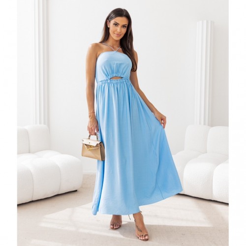 Φόρεμα maxi με παρτούς ώμους και άνοιγμα γαλάζιο