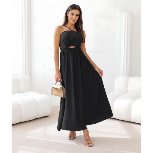 Φόρεμα maxi με παρτούς ώμους και άνοιγμα μαύρο