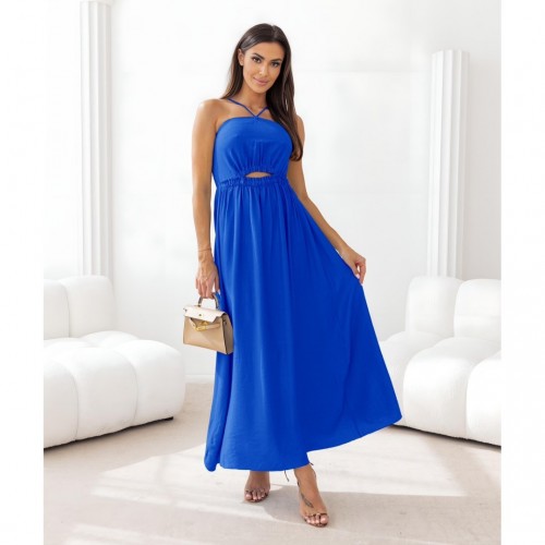Φόρεμα maxi με παρτούς ώμους και άνοιγμα μπλε