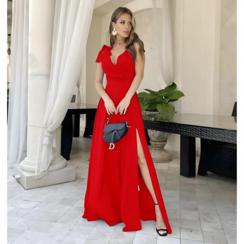 Φόρεμα maxi κρουαζέ με σκίσιμο και δέσιμο στους ώμους κόκκινο