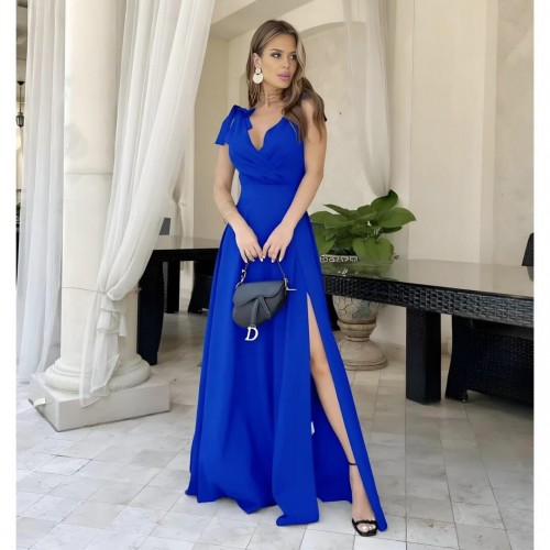 Φόρεμα maxi κρουαζέ με σκίσιμο και δέσιμο στους ώμους μπλε