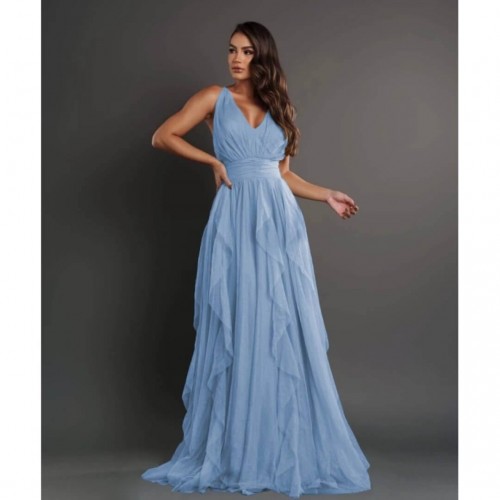 Φόρεμα maxi με τούλι "V" γαλάζιο