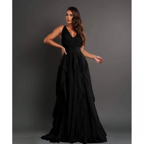 Φόρεμα maxi με τούλι "V" μαύρο