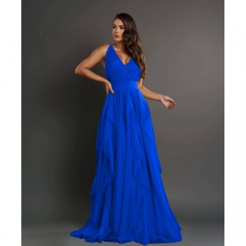 Φόρεμα maxi με τούλι "V" μπλε