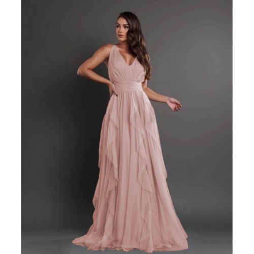 Φόρεμα maxi με τούλι "V" ροζ