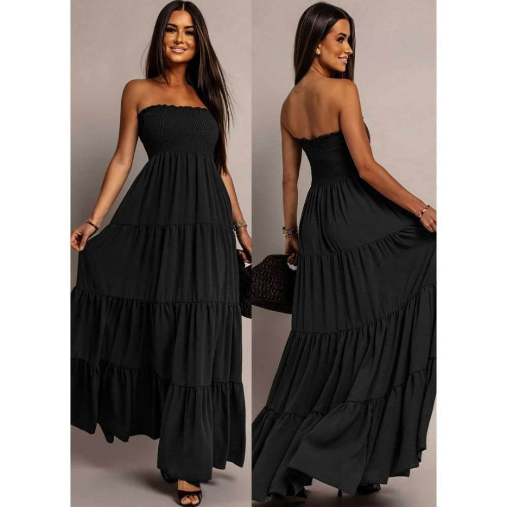 Φόρεμα maxi strapless με βολάν μαύρο