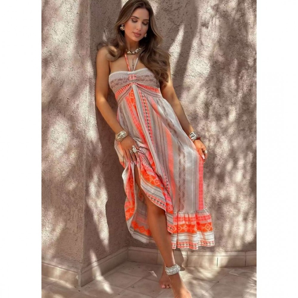 Φόρεμα μάξι strapless με κορδόνι εμπριμέ πορτοκαλί