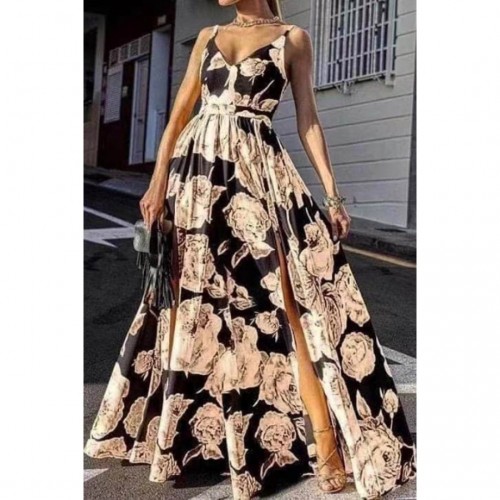 Φόρεμα maxi εμπριμέ με σκίσιμο floral μπεζ