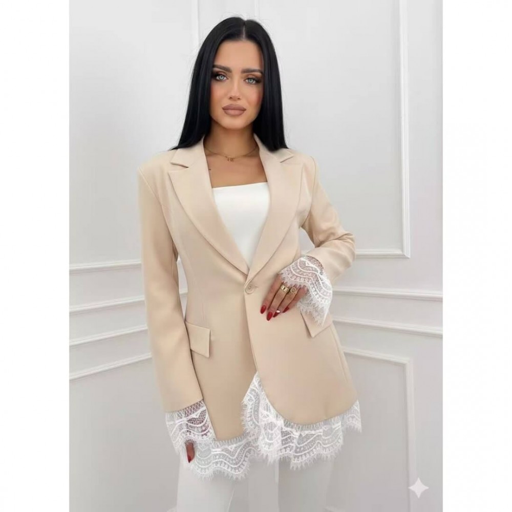 Σακάκι blazer με δαντέλα μπεζ