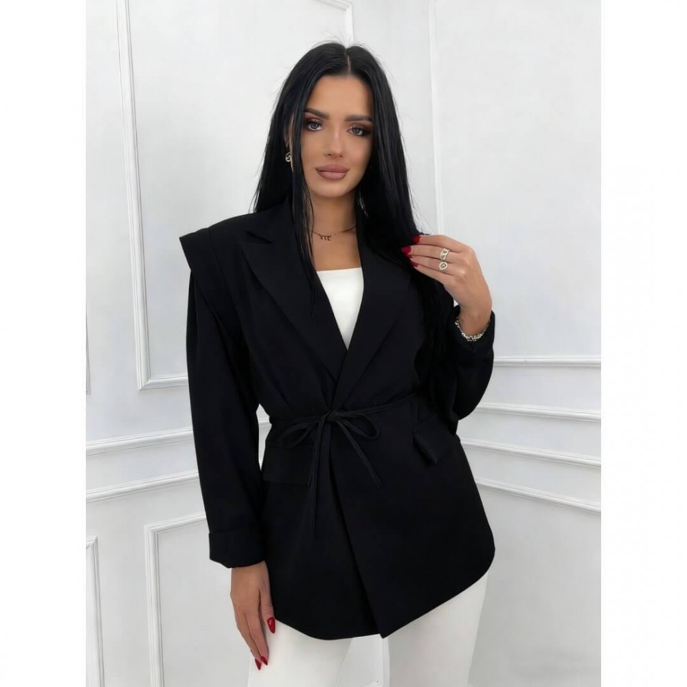 Σακάκι blazer με λεπτή ζώνη μαύρο