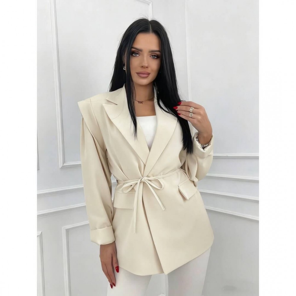 Σακάκι blazer με λεπτή ζώνη μπεζ
