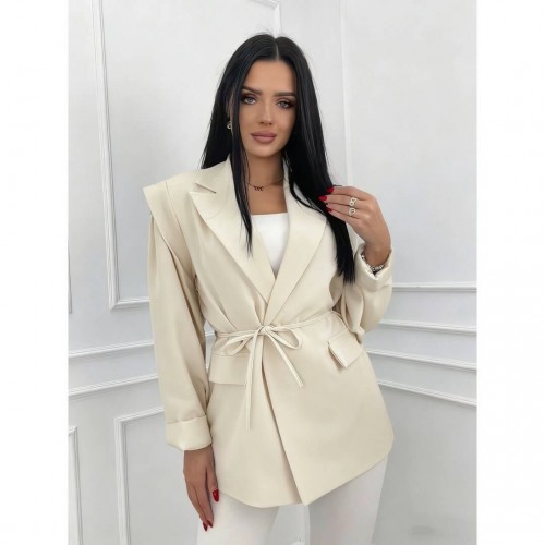 Σακάκι blazer με λεπτή ζώνη μπεζ
