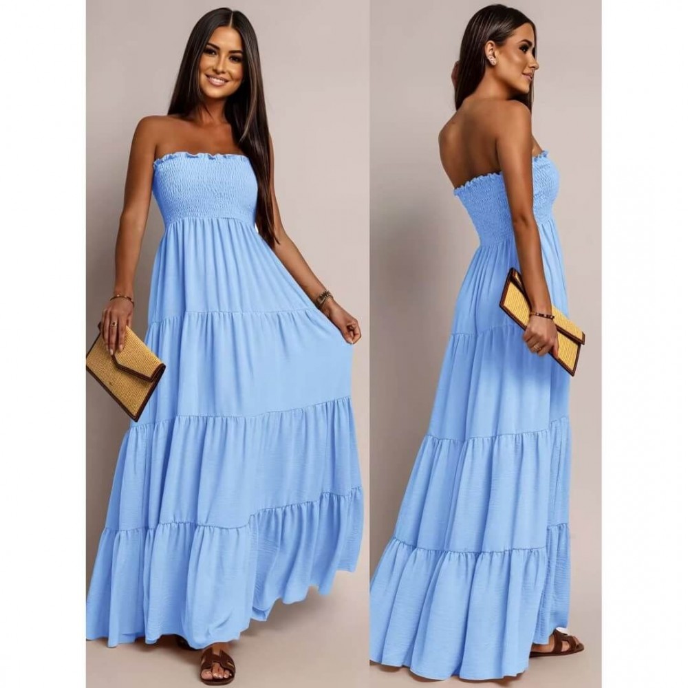 Φόρεμα maxi strapless με βολάν γαλάζιο