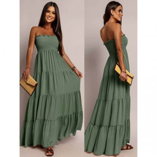 Φόρεμα maxi strapless με βολάν χακί