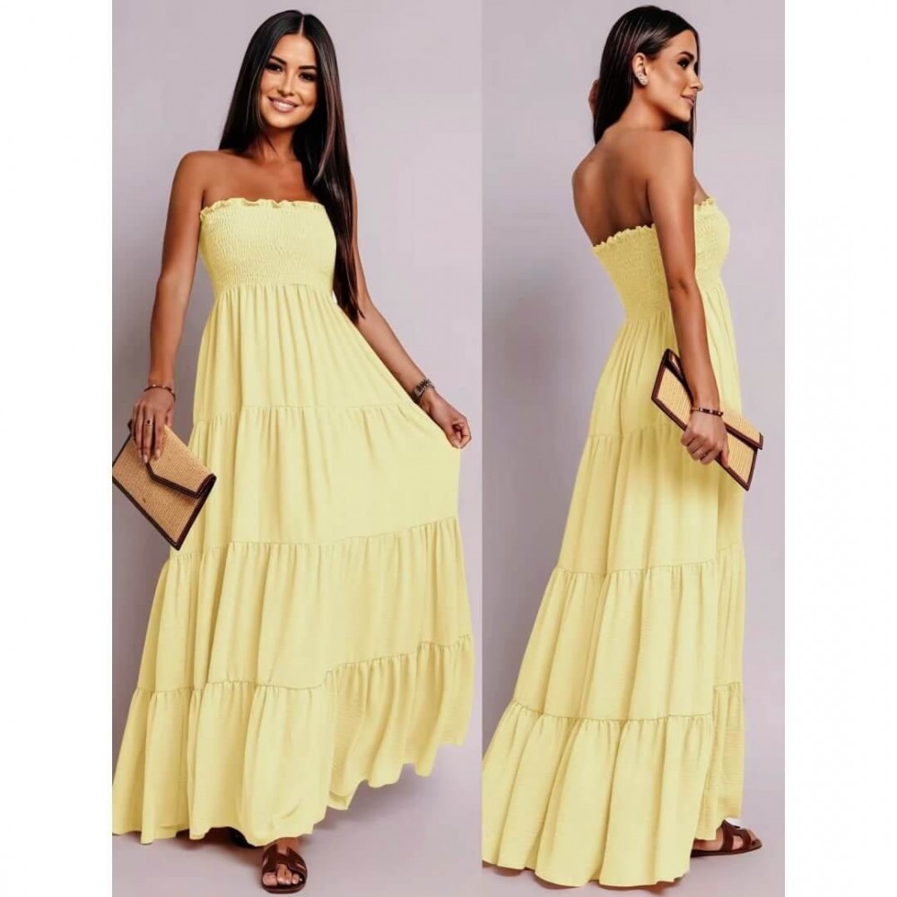 Φόρεμα maxi strapless με βολάν κίτρινο