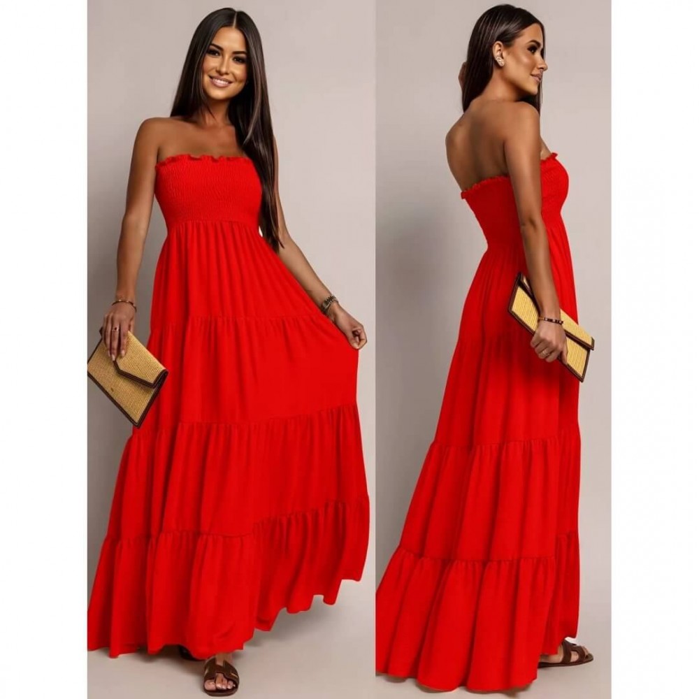 Φόρεμα maxi strapless με βολάν κόκκινο
