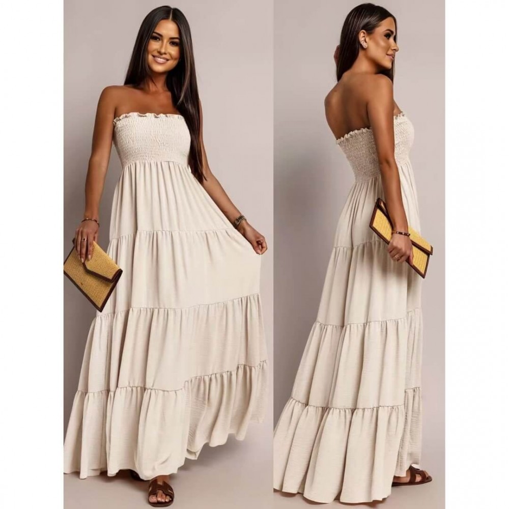 Φόρεμα maxi strapless με βολάν μπεζ