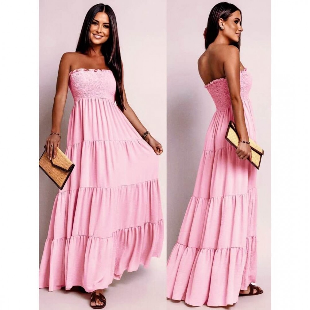 Φόρεμα maxi strapless με βολάν ροζ