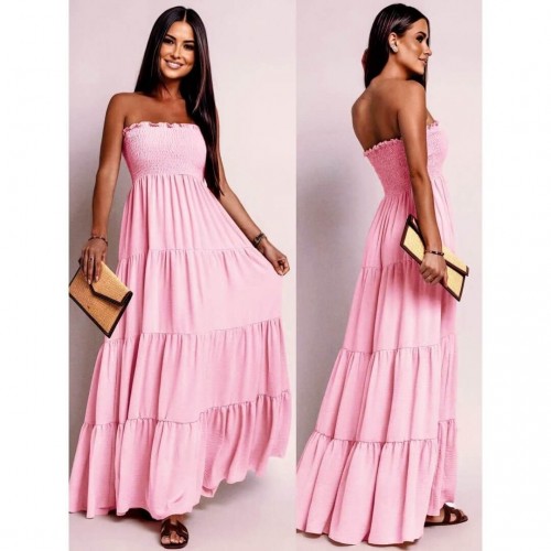 Φόρεμα maxi strapless με βολάν ροζ