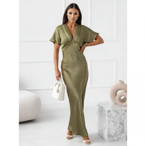 Φόρεμα maxi satin "V" με δαντέλα χακί