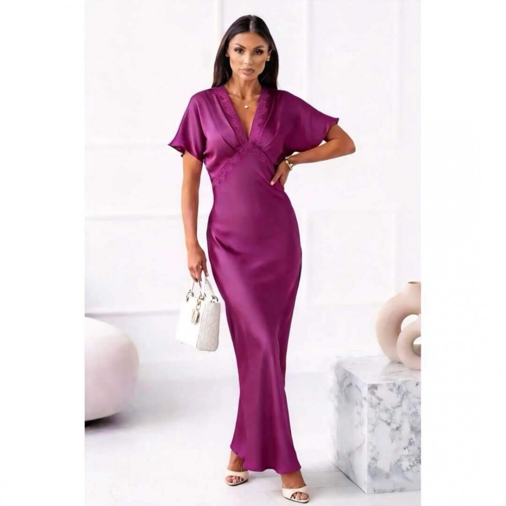 Φόρεμα maxi satin "V" με δαντέλα ματζέντα