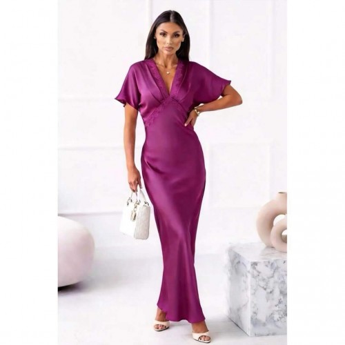 Φόρεμα maxi satin "V" με δαντέλα ματζέντα