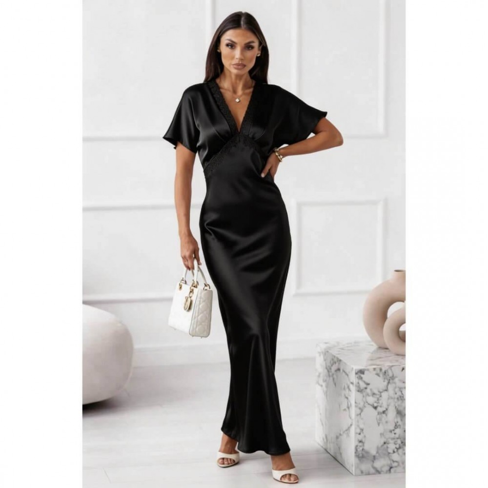 Φόρεμα maxi satin "V" με δαντέλα μαύρο