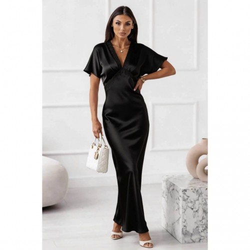 Φόρεμα maxi satin "V" με δαντέλα μαύρο