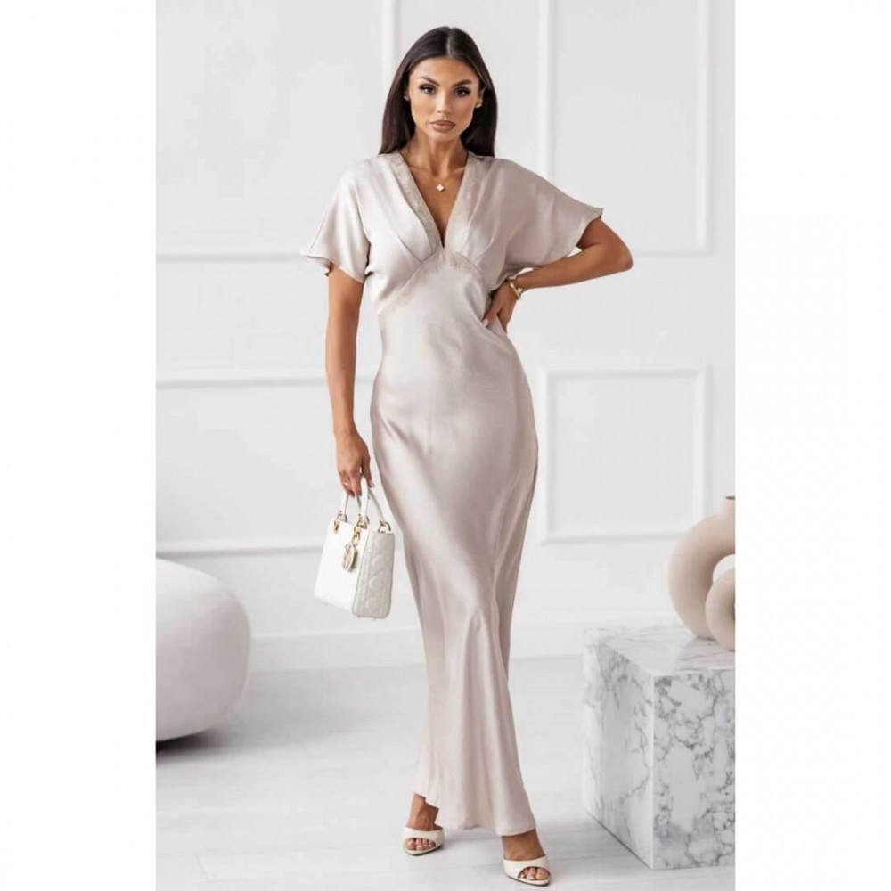 Φόρεμα maxi satin "V" με δαντέλα μπεζ