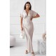 Φόρεμα maxi satin "V" με δαντέλα μπεζ