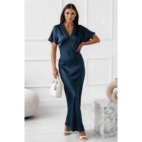 Φόρεμα maxi satin "V" με δαντέλα πετρόλ