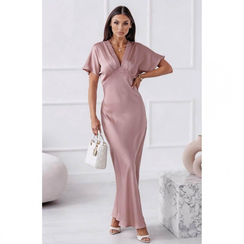 Φόρεμα maxi satin "V" με δαντέλα ροζ