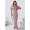 Φόρεμα maxi satin "V" με δαντέλα ροζ