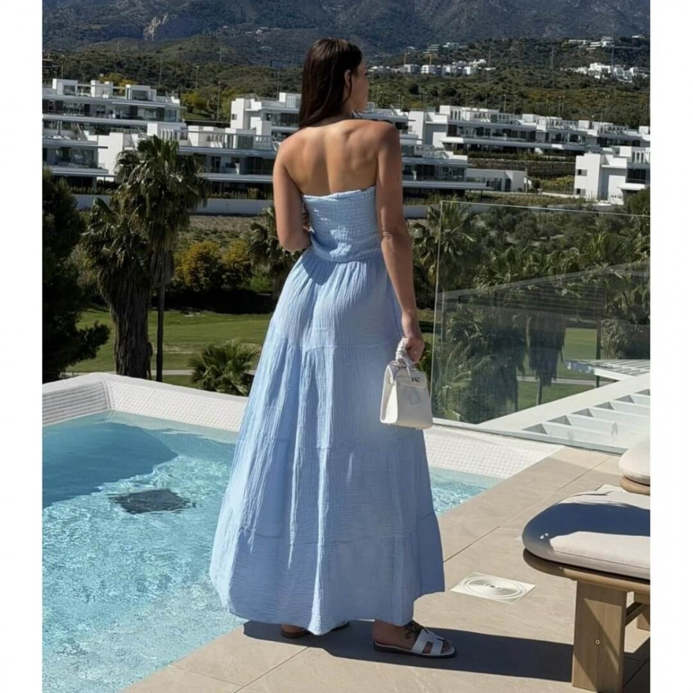 Φόρεμα strapless maxi με βολάν γαλάζιο
