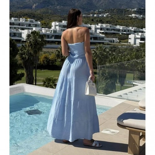 Φόρεμα strapless maxi με βολάν γαλάζιο