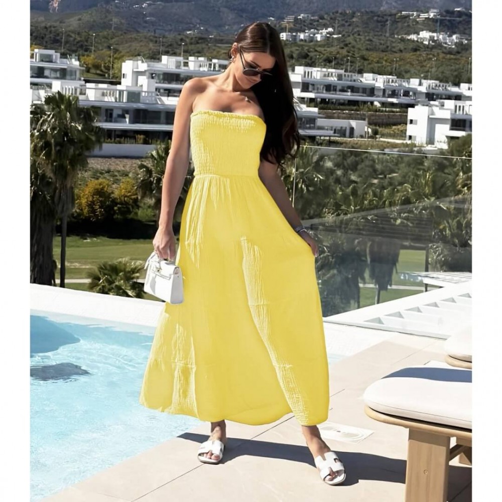 Φόρεμα strapless maxi με βολάν κίτρινο