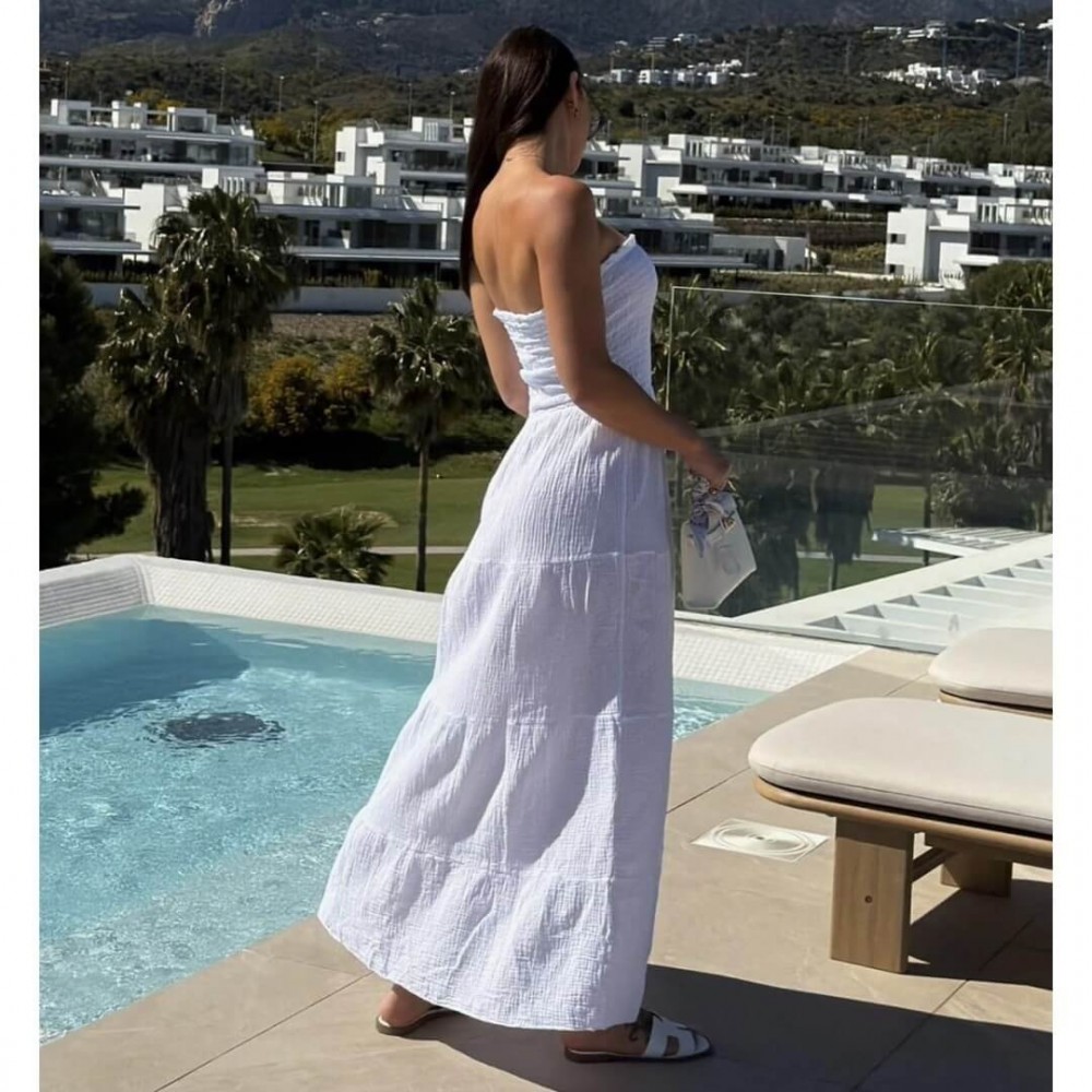 Φόρεμα strapless maxi με βολάν λευκό