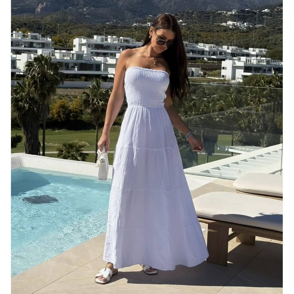 Φόρεμα strapless maxi με βολάν λευκό