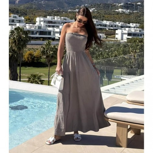 Φόρεμα strapless maxi με βολάν πούρο