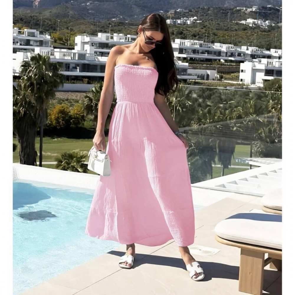 Φόρεμα strapless maxi με βολάν ροζ