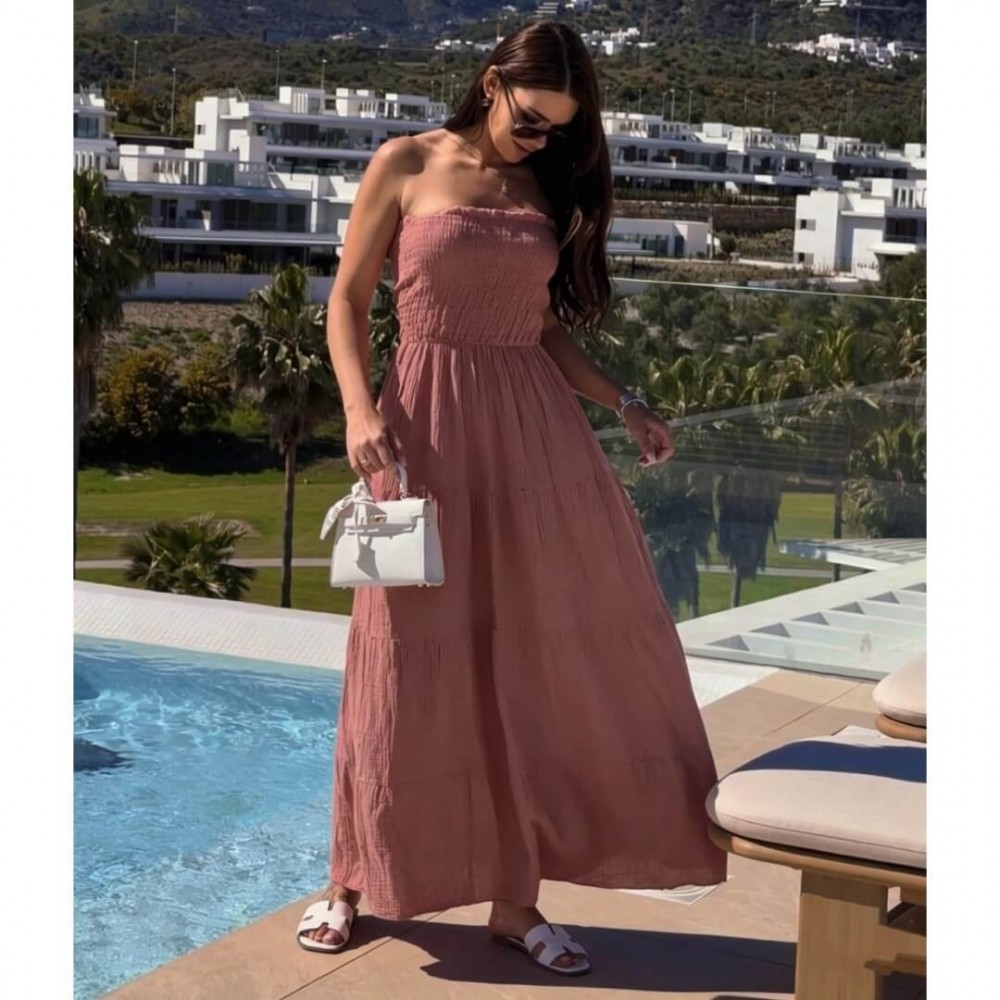 Φόρεμα strapless maxi με βολάν σάπιο μήλο