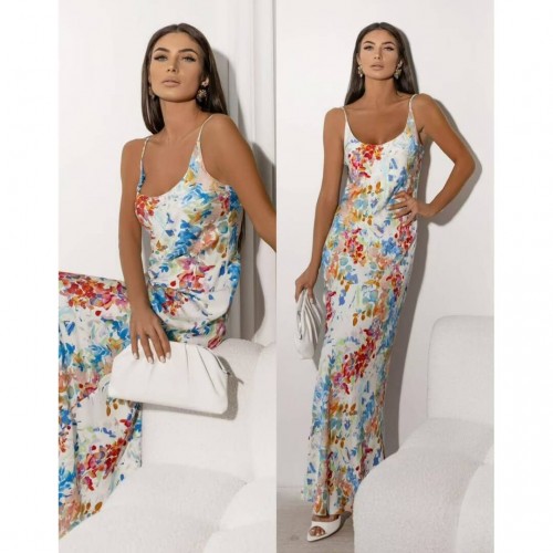 Φόρεμα maxi satin floral γαλάζιο