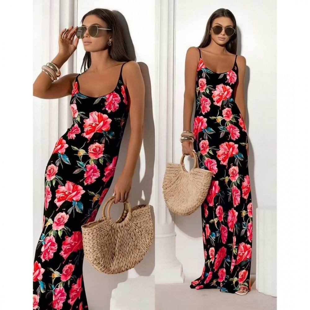 Φόρεμα maxi satin floral μαύρο